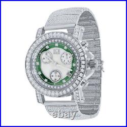14K White Gold Tone 8 Real Diamonds Green & White Dial Luxury Band Watch WithDate