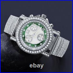 14K White Gold Tone 8 Real Diamonds Green & White Dial Luxury Band Watch WithDate
