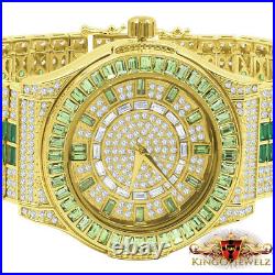 18K Gold Finish Green Emerald Baguette/Round Simulated Diamond Custom Band Watch