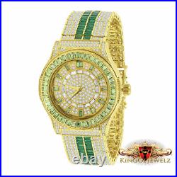18K Gold Finish Green Emerald Baguette/Round Simulated Diamond Custom Band Watch