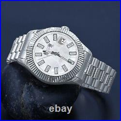 18K Men's Solid Steel White Gold Tone Diamond Cut Luxury Bagutte Dial Watch 44mm