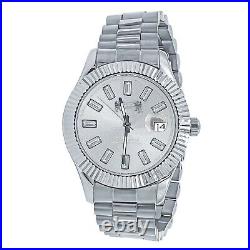 18K Men's Solid Steel White Gold Tone Diamond Cut Luxury Bagutte Dial Watch 44mm