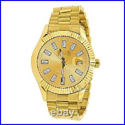 18K Men's Solid Steel Yellow Gold Tone Diamond Cut Roman Dial Watch 44mm WithDate