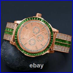 18K Rose Gold Diamond Dial Emerald Green Custom Solid Steel Bezel Band Men Watch