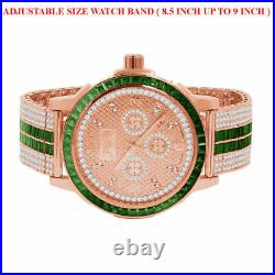 18K Rose Gold Diamond Dial Emerald Green Custom Solid Steel Bezel Band Men Watch