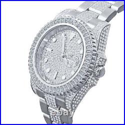 18K Solid Steel White Gold Baguette Simulated Diamonds WithDate 40 mm Men's Watch