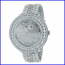 18K White Gold Finish Men's Real Diamond Dial Watch Custom Band Full Illusion XL