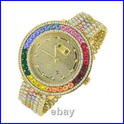 18K Yellow Gold Finish Real Genuine Diamond Custom Mens Watch Rainbow Multi Tone