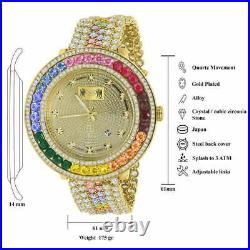 18K Yellow Gold Finish Real Genuine Diamond Custom Mens Watch Rainbow Multi Tone