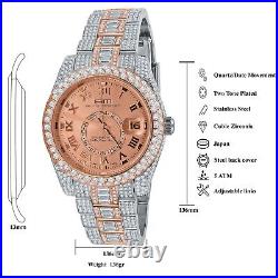 2 Tone Full Stainless Steel Rose Gold Finish Simulated Diamond Watch WithDate 42mm