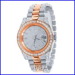 Baguette Full Steel 2 Tone Rose Gold Simulated Diamond Mens Watch 40mm WithDate