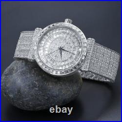 Baguette Simulated Diamond 18K White Gold Finish 10 Row Custom Band Mens Watch