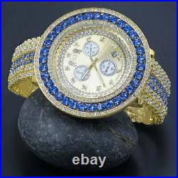 Big Face XXL Dial Simulated Diamond Blue Sapphire Gold Tone Men's Custom Watch