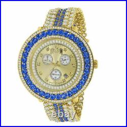 Big Face XXL Dial Simulated Diamond Blue Sapphire Gold Tone Men's Custom Watch