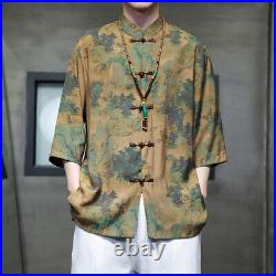 Chinese Style Men's Ice Silk Hanfu Short-sleeved Shirt Jacket 3/4 Sleeve Shirts