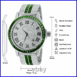 Custom Roman Simulated Diamond Green Emerald Watch White Gold Solid Steel WithDate