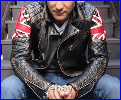 Distressed Union Jack Biker Leather Jacket UK Flag Design, Moto Style, 100%
