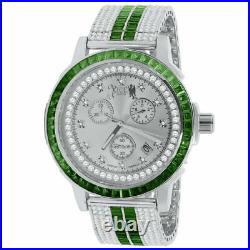 Emerald Green White Gold Custom Solid Steel Bezel Band Baguette Diamond Watch