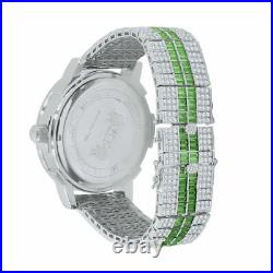 Emerald Green White Gold Custom Solid Steel Bezel Band Baguette Diamond Watch