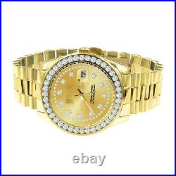 Full Solid Steel Solitaire Men's Yellow Gold Finish Simulated Diamond 41mm Watch