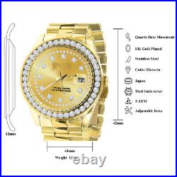 Full Solid Steel Solitaire Men's Yellow Gold Finish Simulated Diamond 41mm Watch