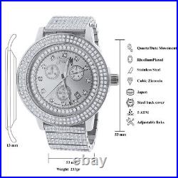 Full Stainless Steel Men's Real Diamond Dial White Gold Finish Watch WithDate 54mm