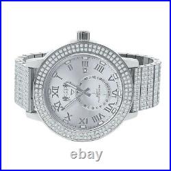 Full Stainless Steel Men's Real Diamond Dial White Gold Finish Watch WithDate 54mm