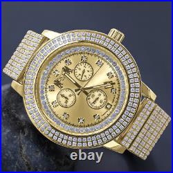Full Stainless Steel Real Diamond Dial Gold Tone Finish Men's Watch WithDate 54mm