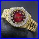 Full Steel Red Dial Men's Gold Tone Simulated Diamond Presidential Watch 42 mm