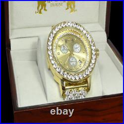 Genuine Diamond 14k Gold Tone Finish Big Stone Custom Bezel XL Men's Band Watch