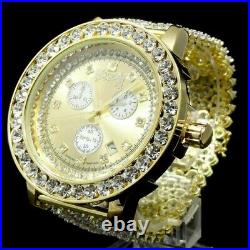 Genuine Diamond 14k Gold Tone Finish Big Stone Custom Bezel XL Men's Band Watch