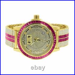 Genuine Diamond Dial Ruby Red Gold Tone Roman Dial Stainless Steel Bezel Watch