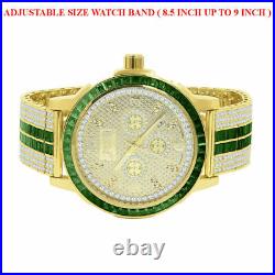 Genuine Diamond Emerald Green Custom Solid Steel Bezel Adjustable Band Men Watch
