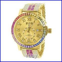 Genuine Diamond Men's Yellow Gold Tone Baguette Rainbow Multi Dial Custom Watch