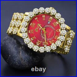 Genuine Diamond Ruby Red Gold Tone Custom Band Roman Dial 55 mm Ice House Watch