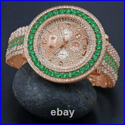 Green Solitaire XXl Face Simulated Diamond 18K Rose Gold Tone WithDate Watch New