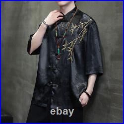 Ice Silk Short-sleeved Shirt Men 3/4 Sleeved Top Chinese Style Embroidered Hanfu