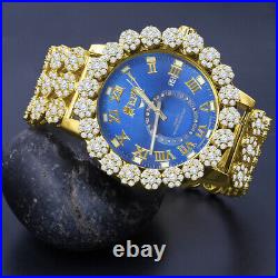 Icy Men Blue Sapphire Real Diamond Roman Dial Flower Band Bezel Gold Tone Watch