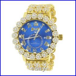 Icy Men Blue Sapphire Real Diamond Roman Dial Flower Band Bezel Gold Tone Watch