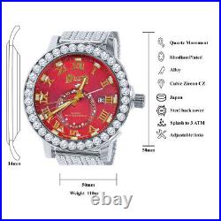 Icy Real Diamond White Gold Tone Ruby Red Solitaire Dial Custom Band Bezel Watch