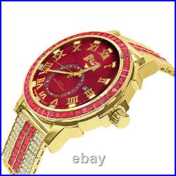 Icy Red Baguettes On Yellow Gold Tone Red Face Dial Custom Band Luxury Watch