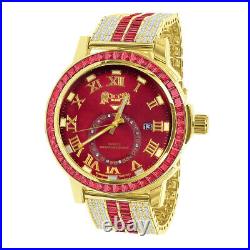 Icy Red Baguettes On Yellow Gold Tone Red Face Dial Custom Band Luxury Watch