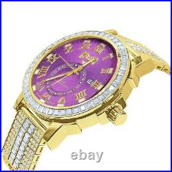 Icy Yellow Gold Tone White Baguette Purple Face Dial Custom Band Luxury Watch