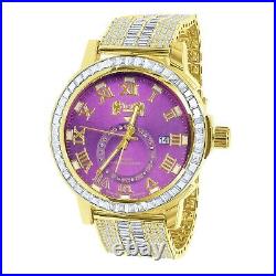 Icy Yellow Gold Tone White Baguette Purple Face Dial Custom Band Luxury Watch