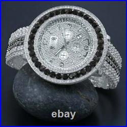 Men New White Gold Tone XXL Black Solitaire Bezel With Custom Cz Band Watch WithDate