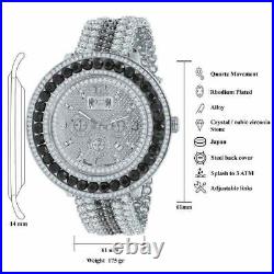 Men New White Gold Tone XXL Black Solitaire Bezel With Custom Cz Band Watch WithDate