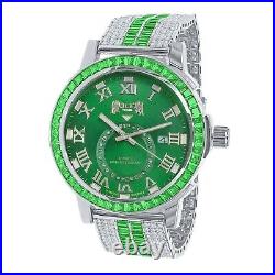 Men's Custom Baguette Emerald Green Dial White Gold Tone Simulated Diamond Watch