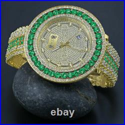 Men's Custom Real Diamond Dial 18K Yellow Gold Finish Watch Emerald Green WithDate