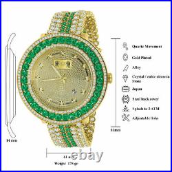 Men's Custom Real Diamond Dial 18K Yellow Gold Finish Watch Emerald Green WithDate