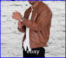Men's Dark Tan Leather Jacket 100% Pure Soft Lambskin Bomber Coat Jacket